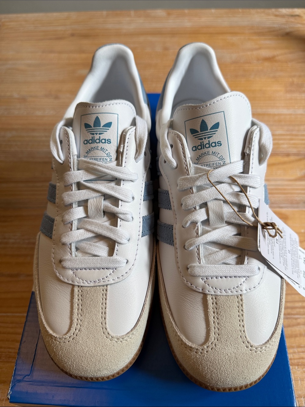 Adidas Original Samba White Leather Sneakers with Blue/Gray Stripes and Gum Sole - Picture 2 of 8